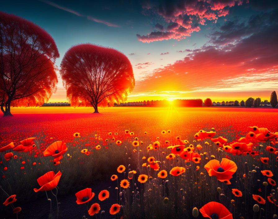 Colorful sunset scene with red poppies and round trees in orange and blue sky