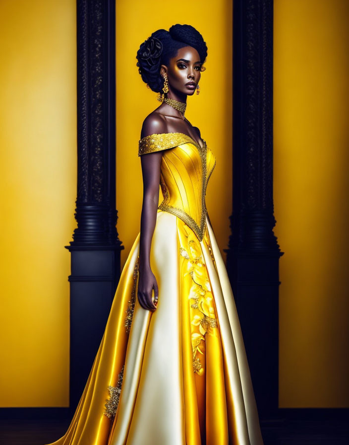 Luxurious Yellow-Golden Gown with Intricate Embroidery on Elegant Woman