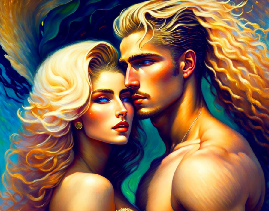 Colorful digital art of embracing blonde man and woman with flowing hair.