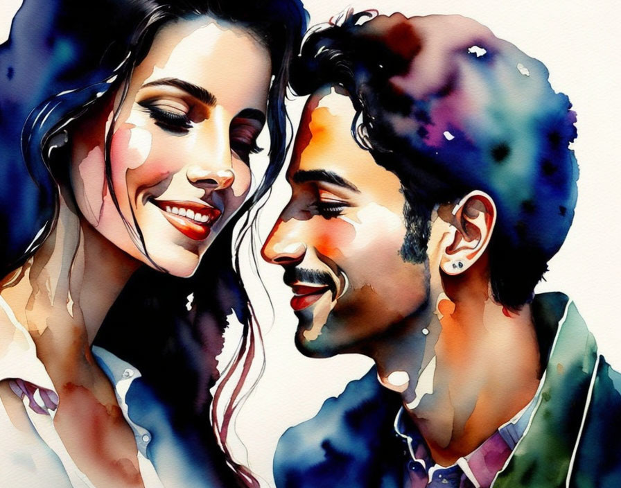 Smiling man and woman in vibrant watercolor portrait