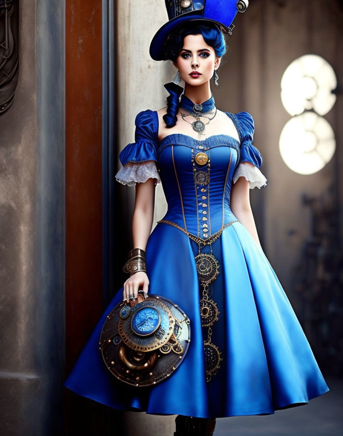 Steampunk-inspired woman in blue corset and skirt with gear motifs.