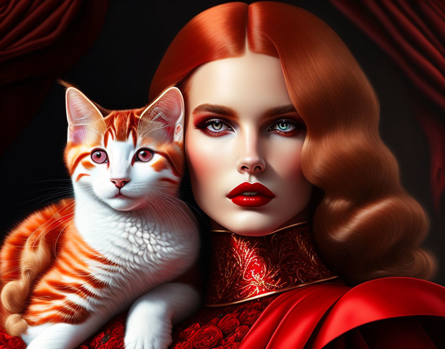 Digital artwork: Woman with red hair and cat on dark background