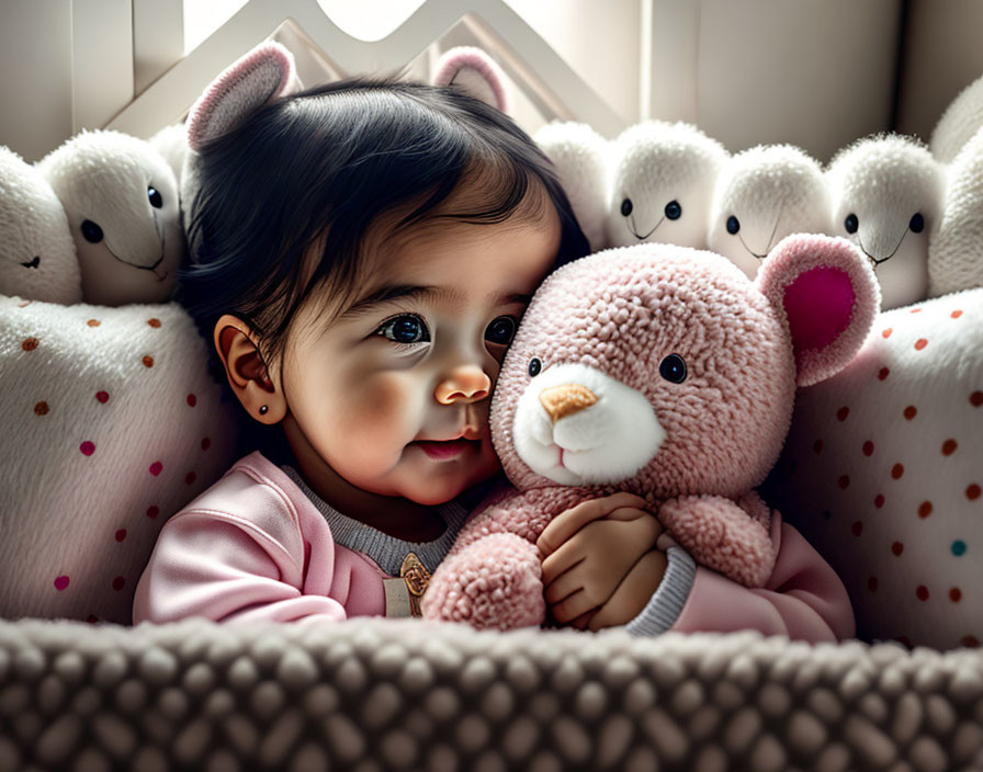 Adorable baby girl cuddles pink teddy bear among stuffed animals