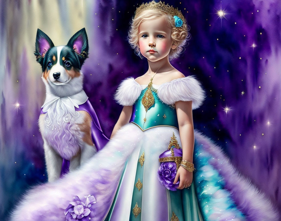 Young girl in blue & white dress with tiara & tricolor dog on starry purple background