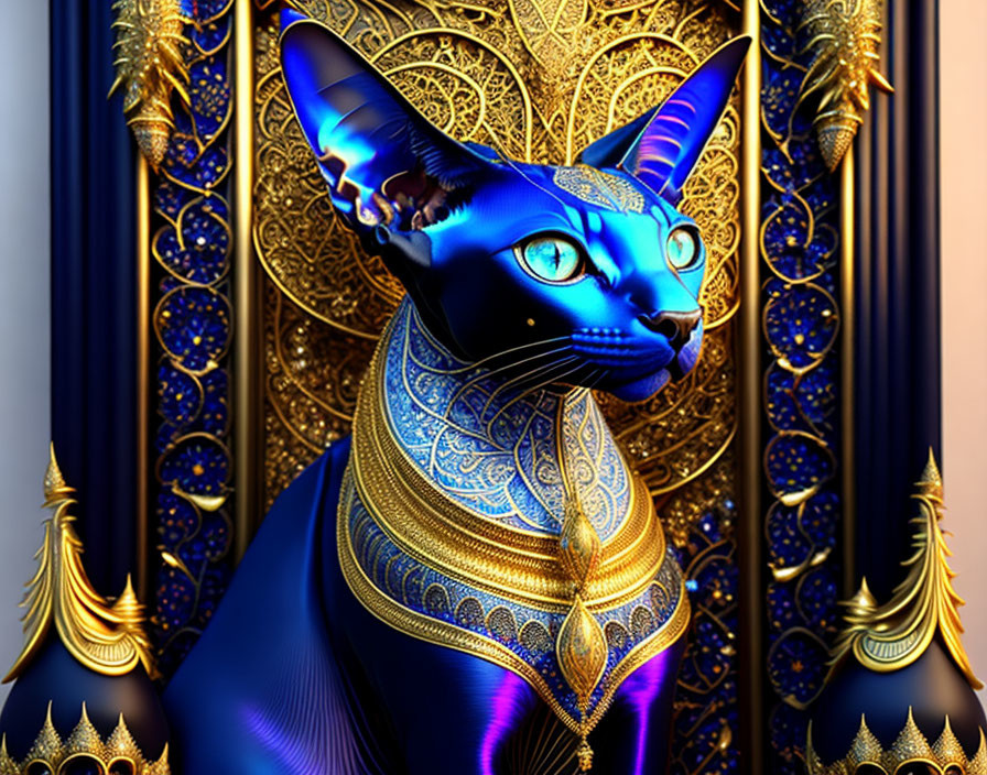 Stylized blue sphynx cat with golden adornments on ornate backdrop