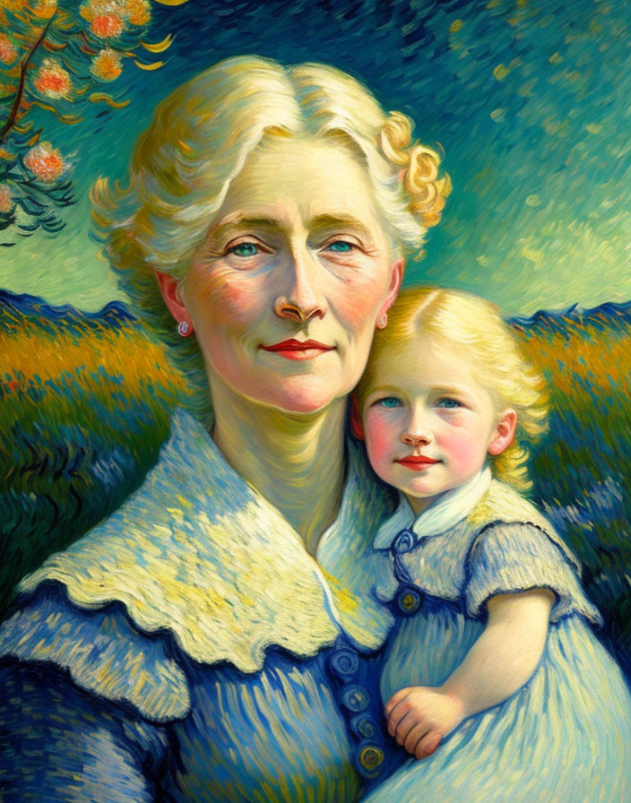 Elderly woman and blonde child in blue attire amid greenery and orange flowers