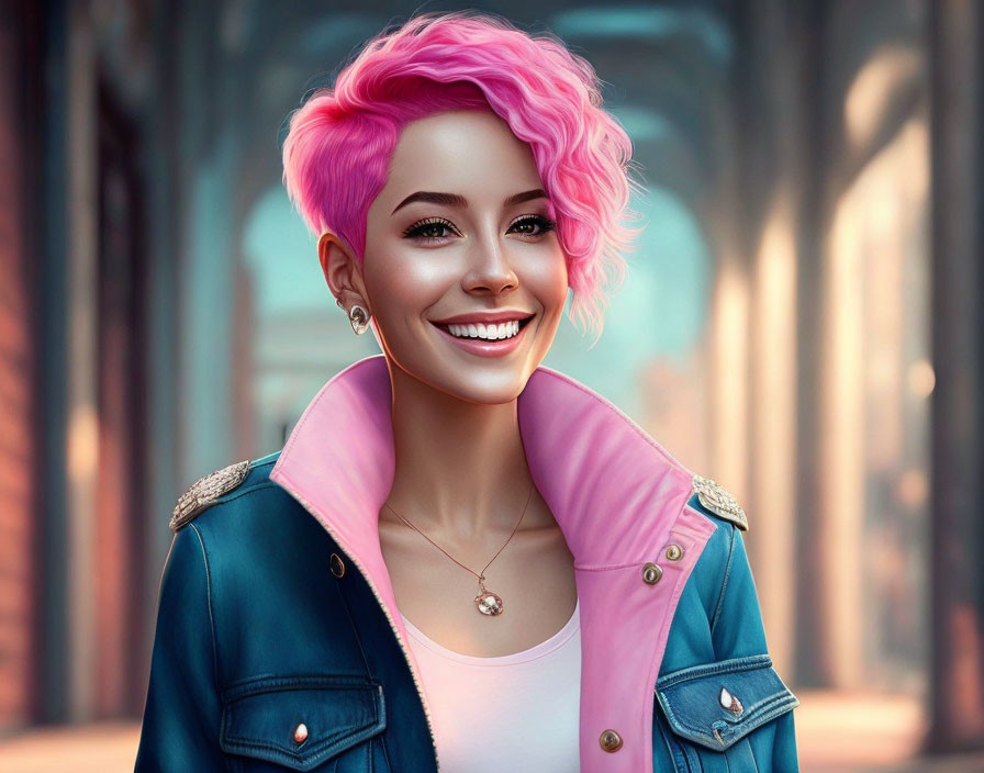 Bright Pink-Haired Woman Smiling in Teal & Pink Jacket