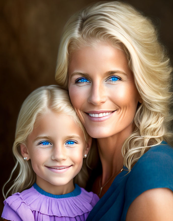 Blonde woman and girl with blue eyes smiling at camera