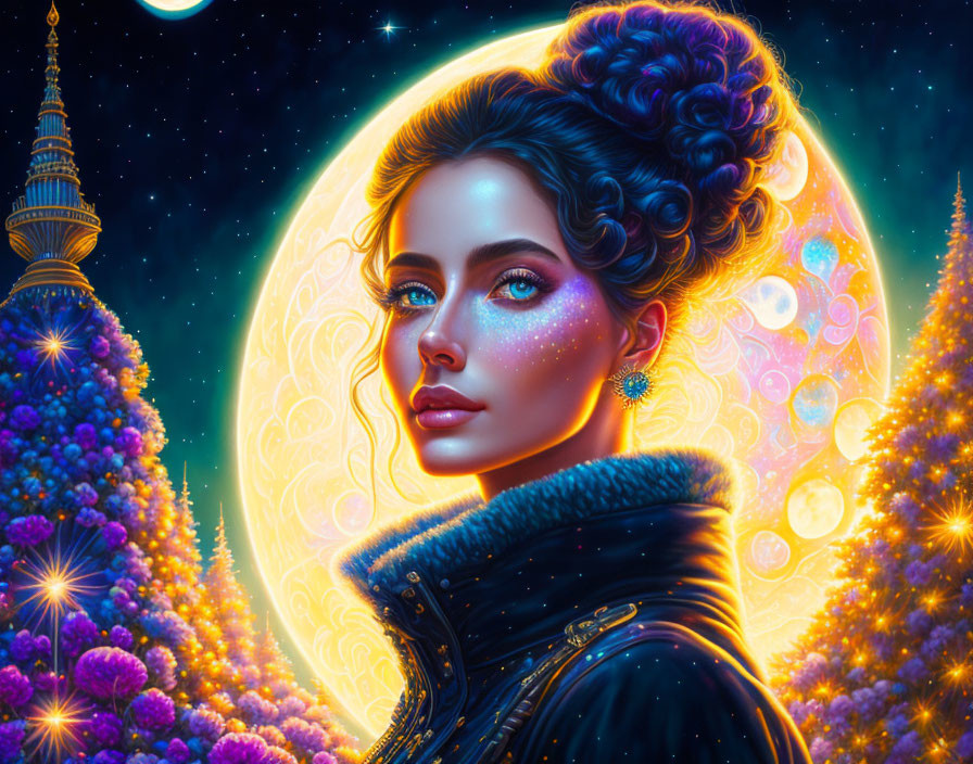 Digital artwork featuring woman with galaxy makeup under full moon