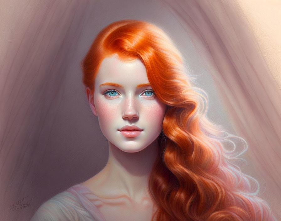 Young woman with red hair, fair skin, and blue eyes portrait.