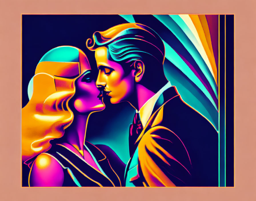 Colorful Art Deco Style Illustration of Man and Woman in Romantic Moment