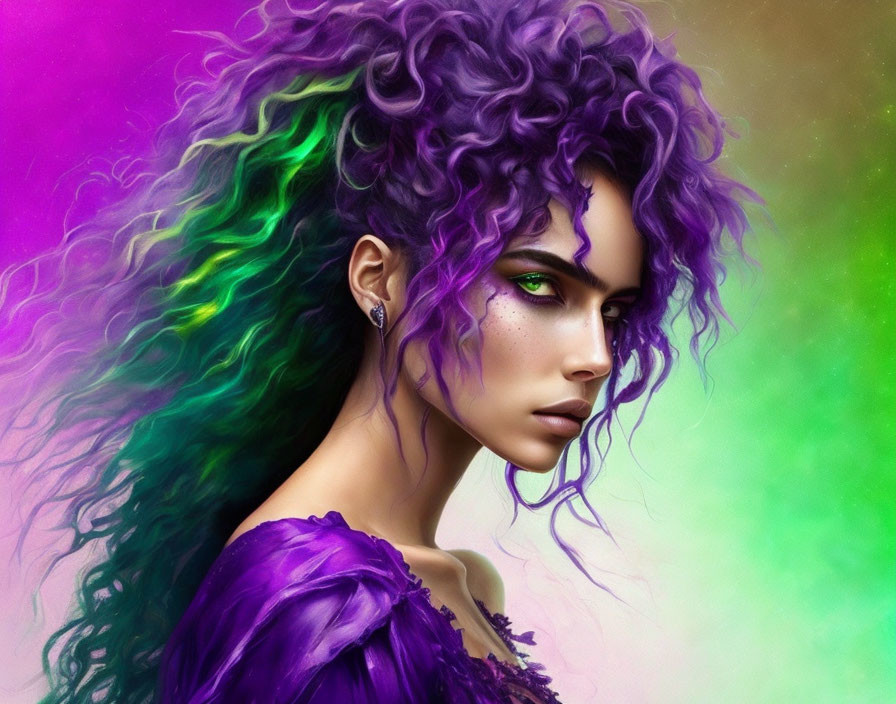 Vibrant purple-haired woman digital artwork on multicolored background