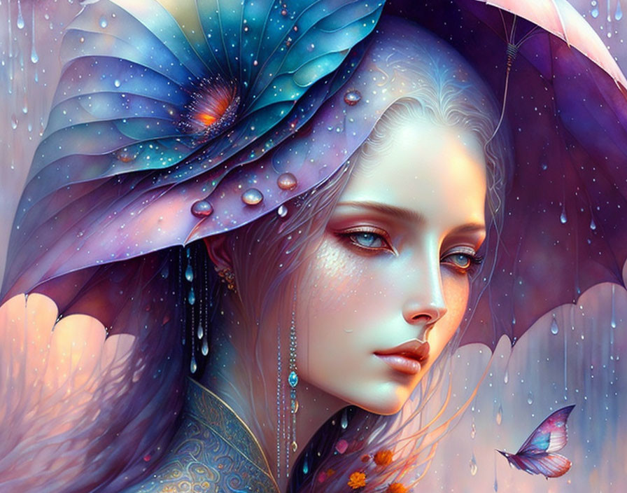 Digital artwork: Woman with blue and purple floral headdress, serene gaze, dewdrops, butterfly -