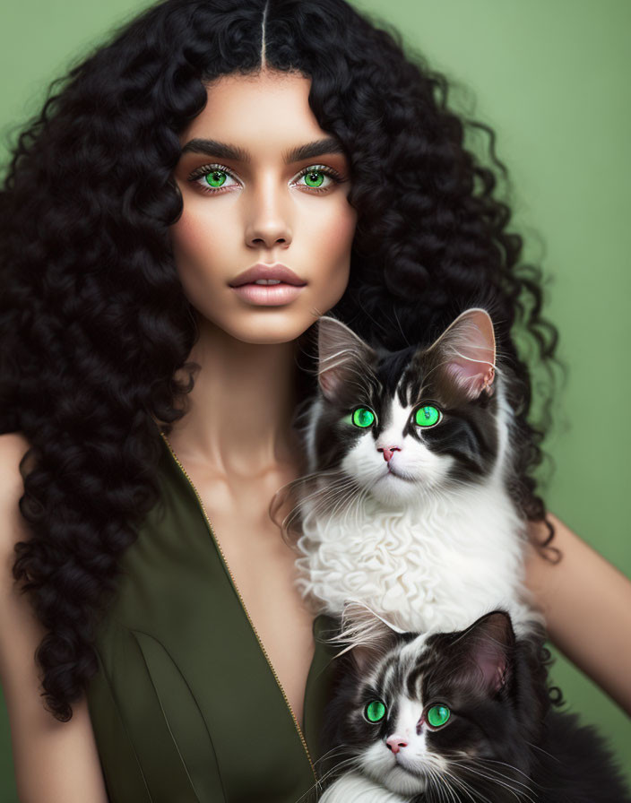 Curly-haired woman in green top with two cats on green backdrop