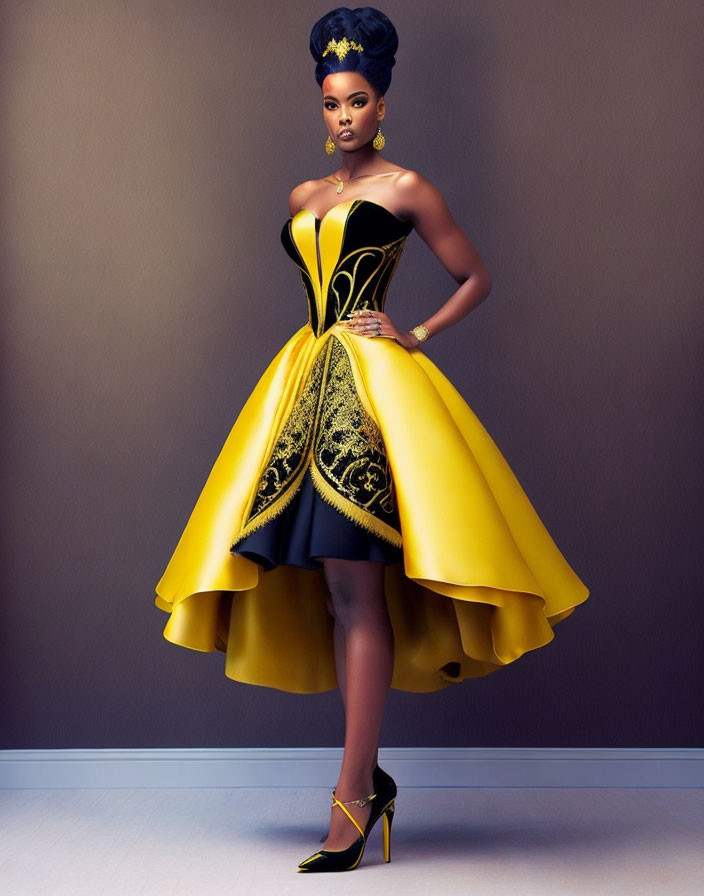 Stylish woman in black and yellow dress with corset top and flared skirt poses elegantly