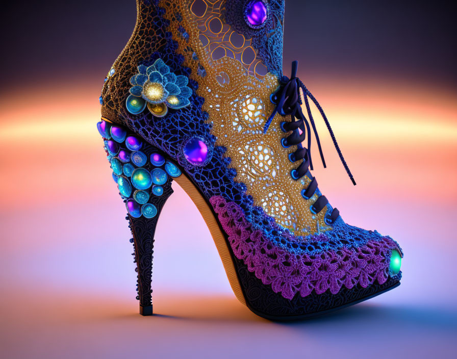 Intricate lace design high-heeled shoe with colorful orbs on gradient background