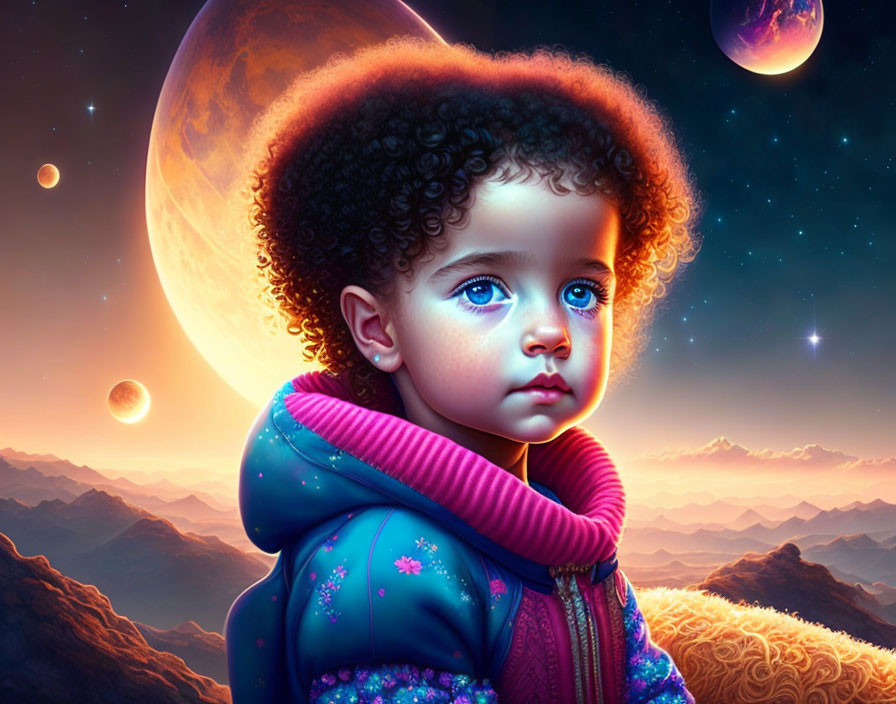 Young child with curly hair in cosmic fantasy setting