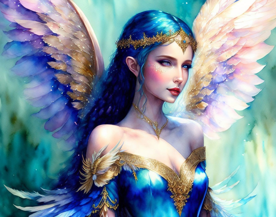 Colorful-winged female being with blue hair and golden crown in mystical illustration.