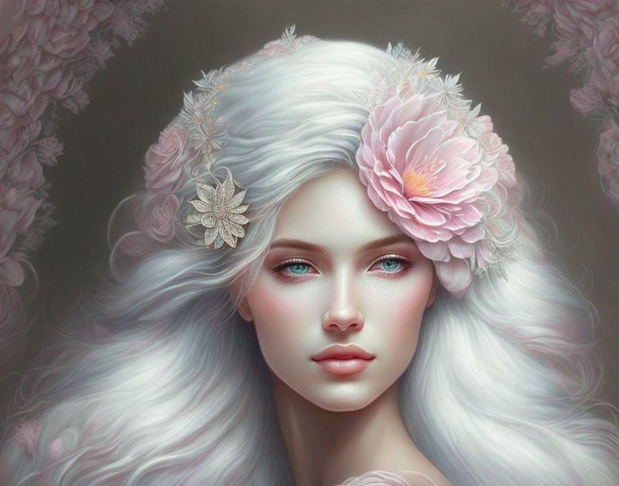 Digitally-created portrait of woman with white hair and pink flowers against pink floral background