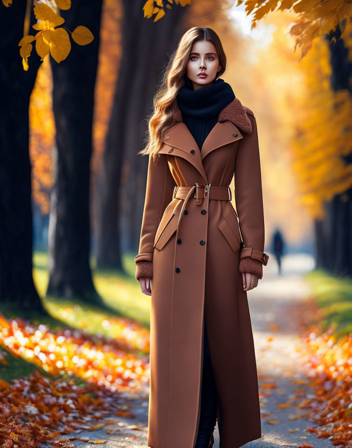 Stylish woman in trench coat and scarf on autumn tree-lined path