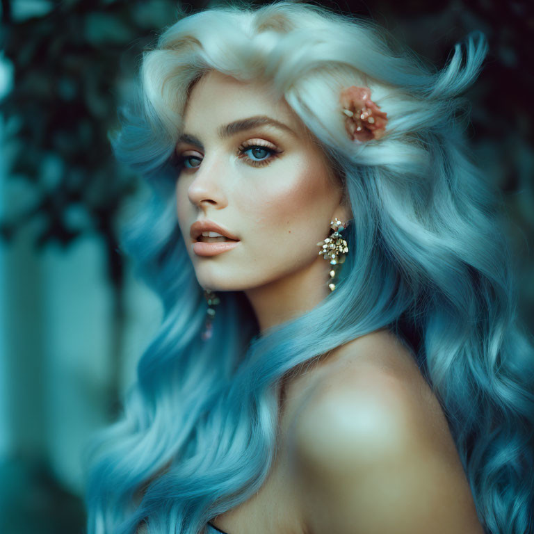 Woman with Wavy Blue Hair and Floral Hair Accessory in Green Foliage