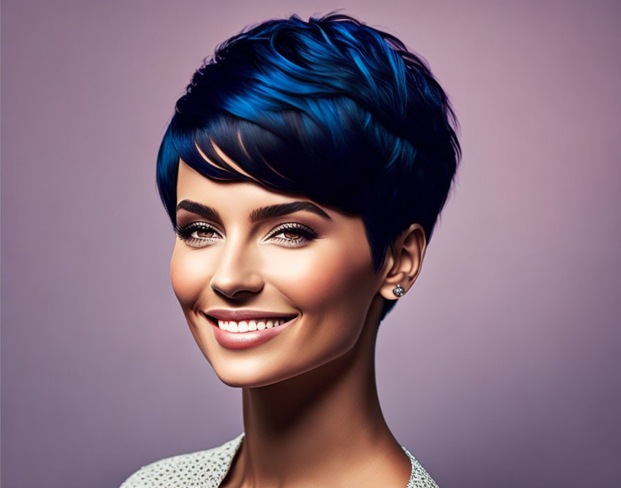 Smiling woman with blue short hair on purple background