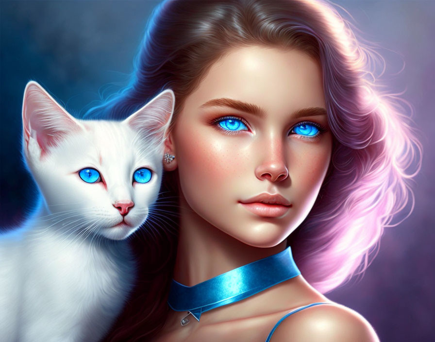 Woman with Blue Eyes and Pinkish Hair Poses with Matching Blue-Eyed Cat