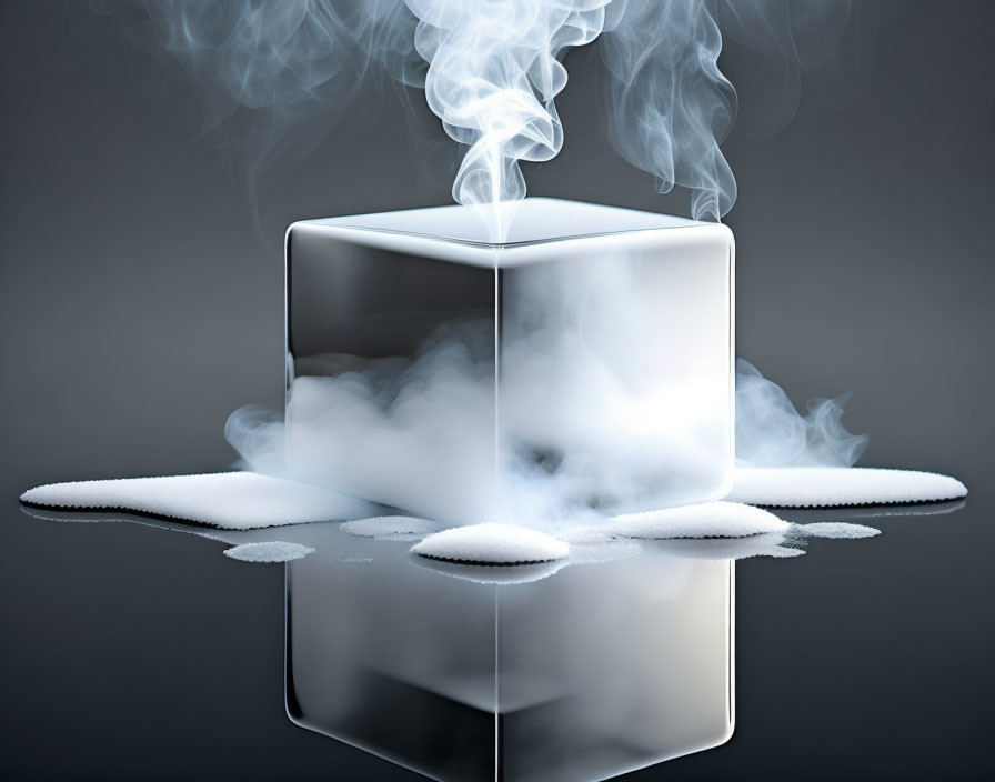 Shiny metallic cube with smoke and mist on dark background