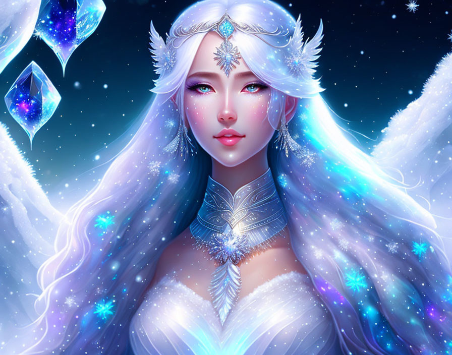 Ethereal woman with long white hair in silver jewelry on mystical starry backdrop