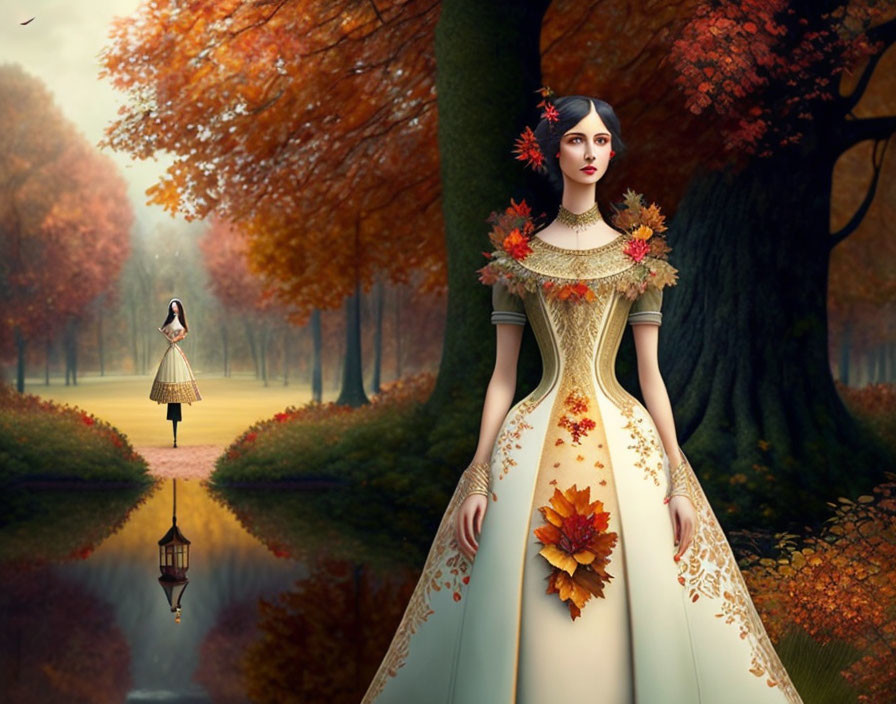 Woman in autumn gown by mirrored pond with figure in fall setting