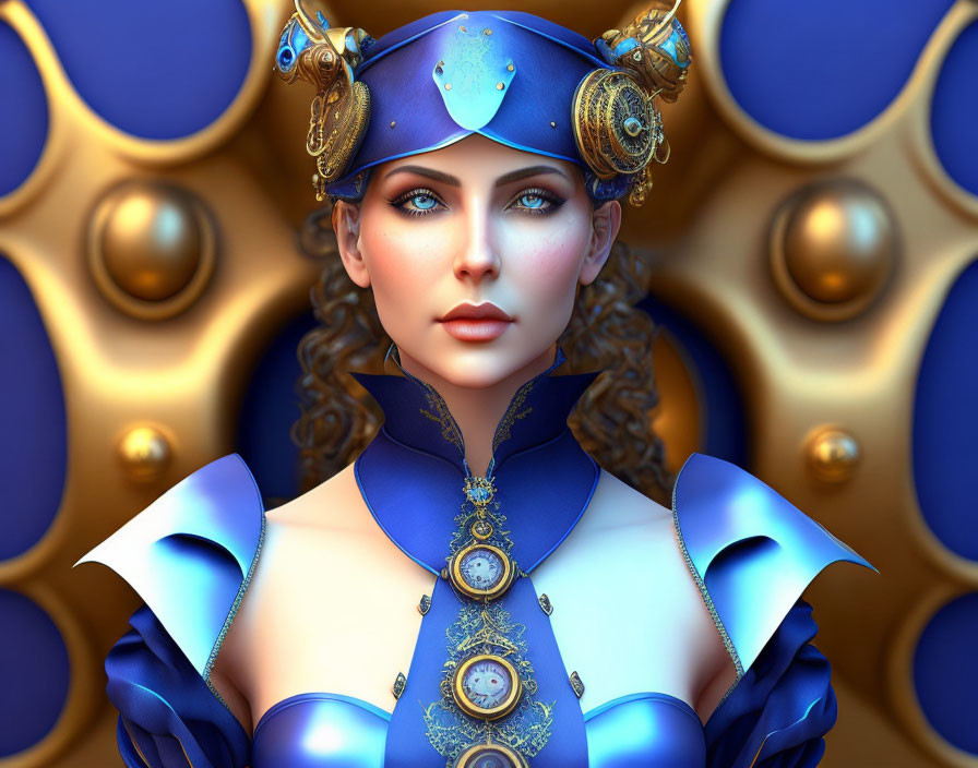 Fantasy-inspired woman in blue and gold costume with blue eyes on golden orb backdrop