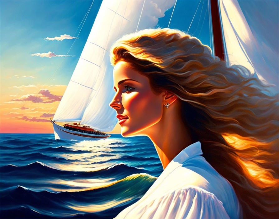 Woman with flowing hair admiring sailing boat at sunset