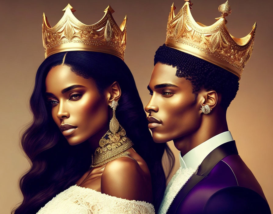 Regal man and woman with golden crowns in elegant attire.