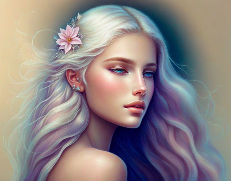 Woman with flowing wavy hair, blue eyes, and pink flower in digital art