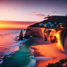 Tropical beach sunset scene with palm trees, rock formations, white building, and gentle waves.