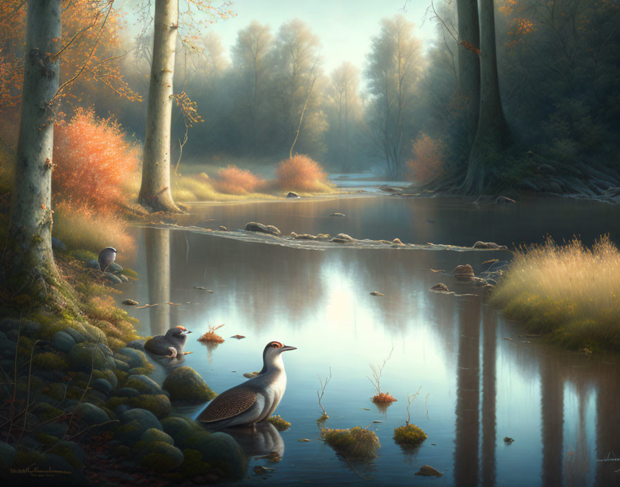 Misty riverbank with ducks in tranquil woodland landscape