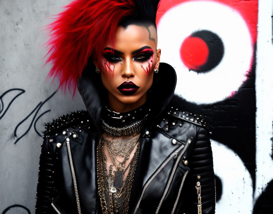 Red-haired person with dramatic makeup in studded leather jacket against graffiti wall