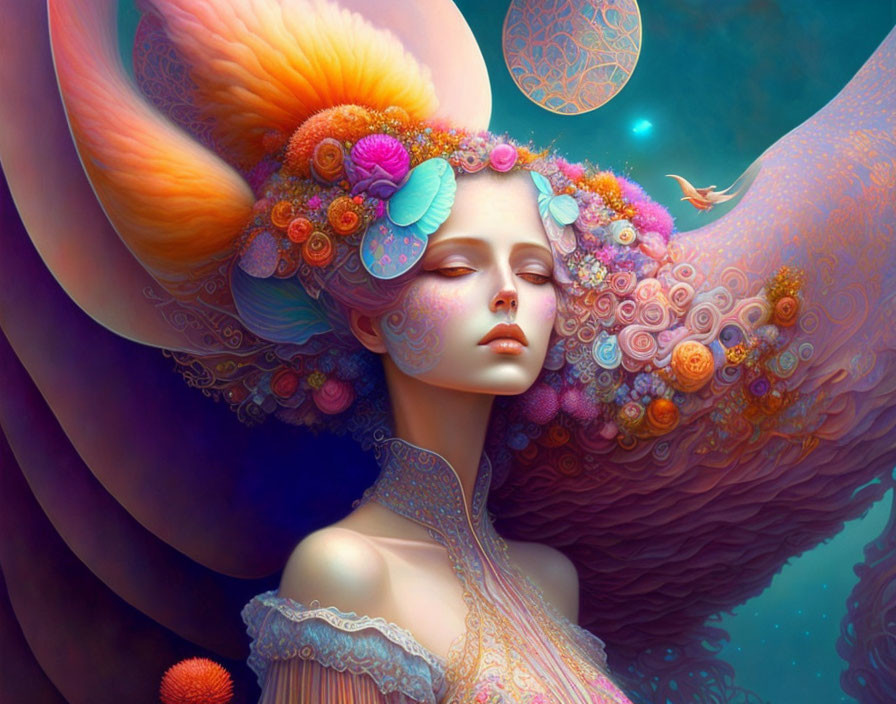 Vibrant surreal portrait of woman with floral headdress