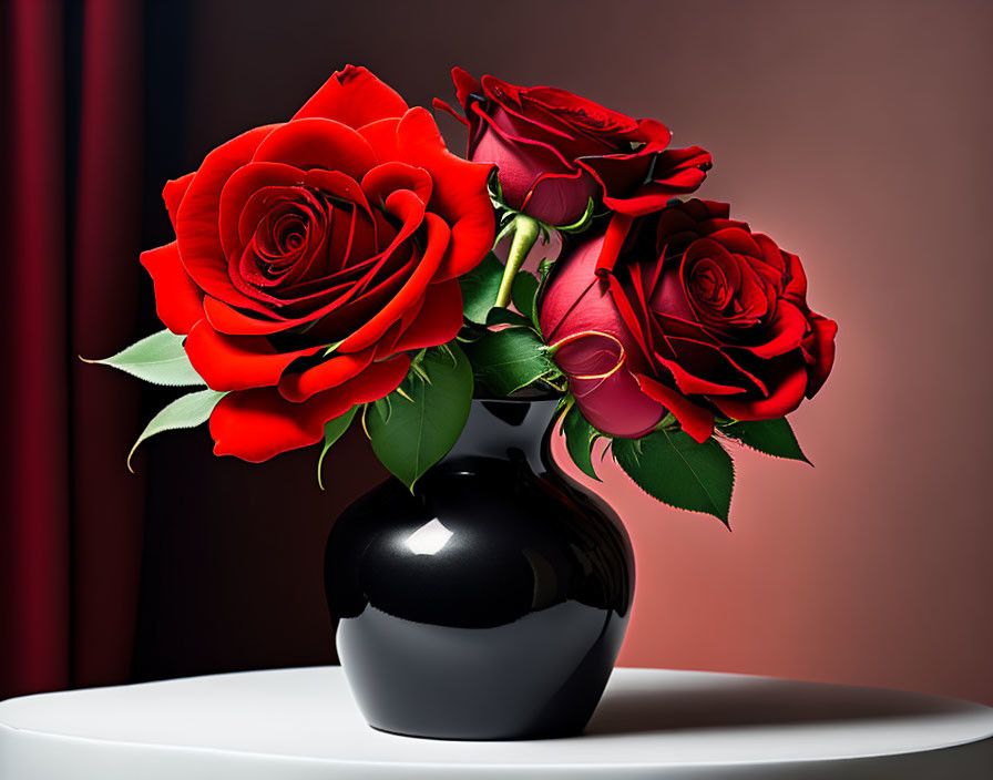 Red roses in black vase on white table with red backdrop