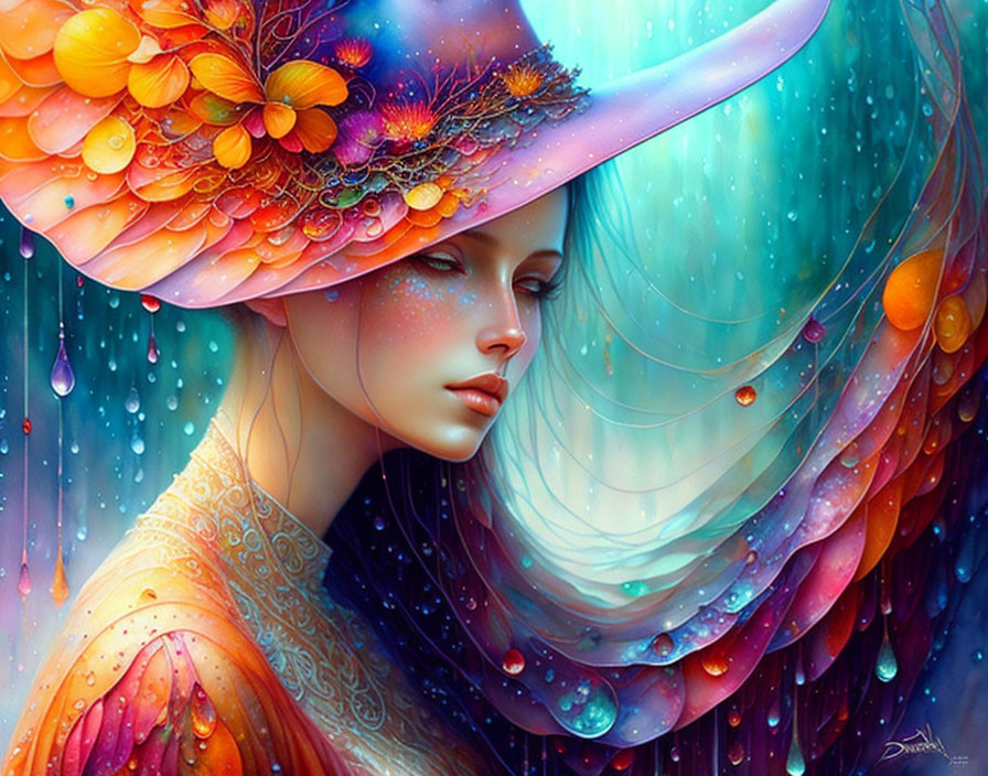 Illustration of woman with flowing hair and flower hat on dreamlike background