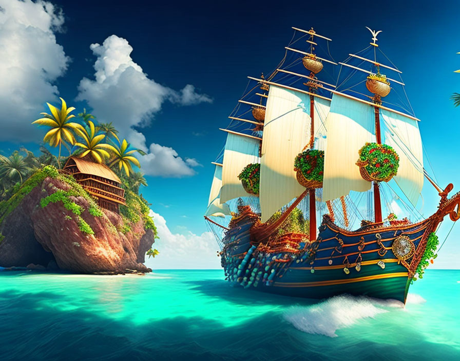 Colorful digital artwork: ornate sailing ship, tropical island, hut, crystal-clear waters, blue