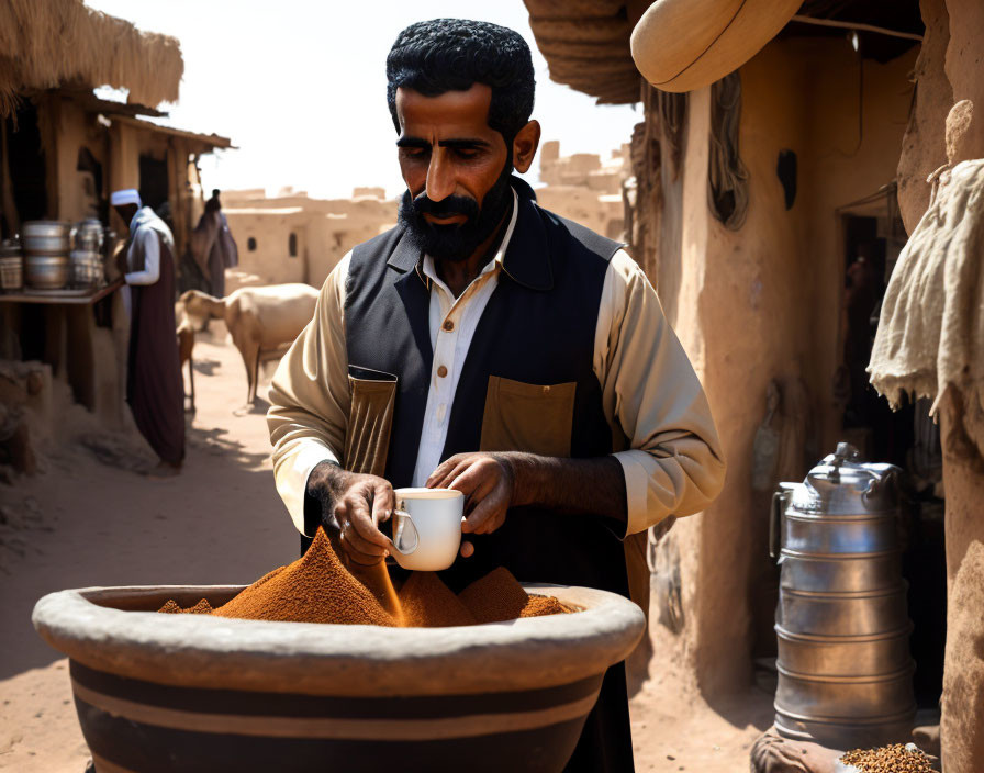 Bearded man pouring drink in traditional village setting