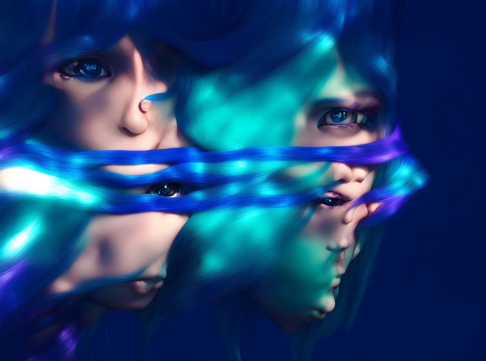 Digital artwork: Three interconnected faces with blue ribbon on dark blue background