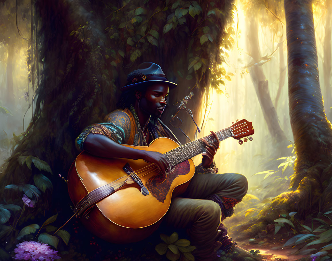 Person playing guitar in mystical forest under warm sunlight