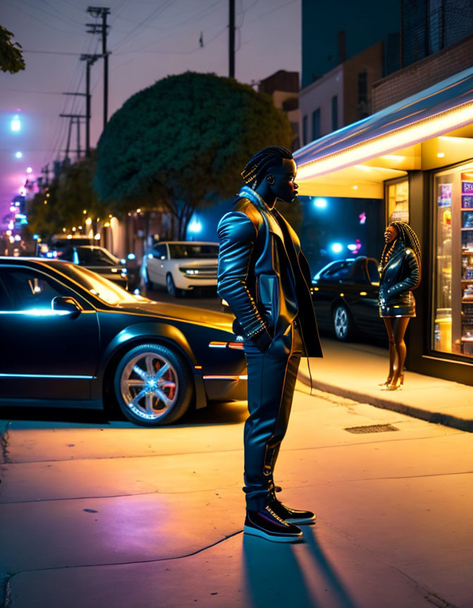 Stylishly dressed person on city street at night with neon lights and cars.