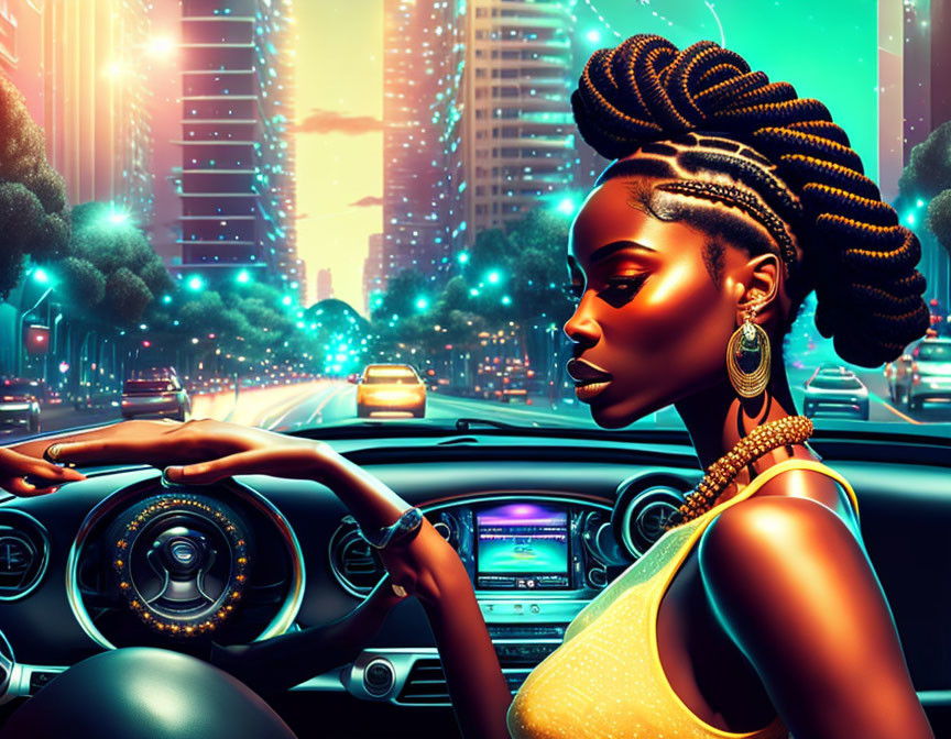 Stylized illustration of woman driving car at sunset with cityscape reflection