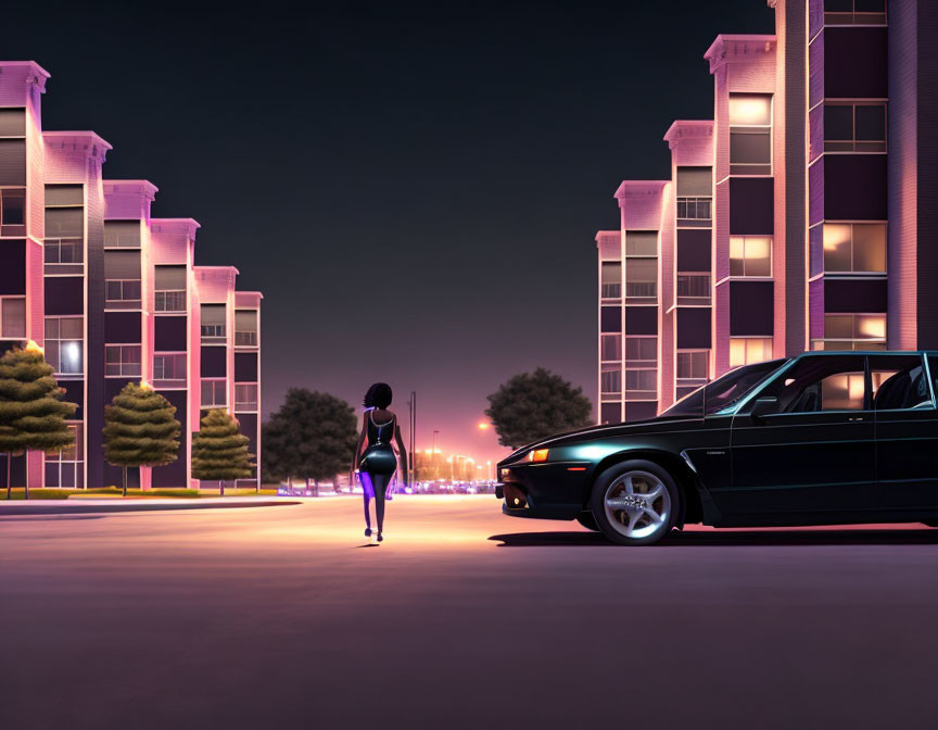 Woman on urban street at dusk with classic car and neon-lit buildings.