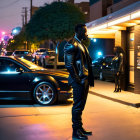 Stylishly dressed person on city street at night with neon lights and cars.