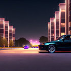 Woman on urban street at dusk with classic car and neon-lit buildings.