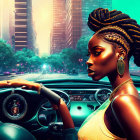 Stylized illustration of woman driving car at sunset with cityscape reflection